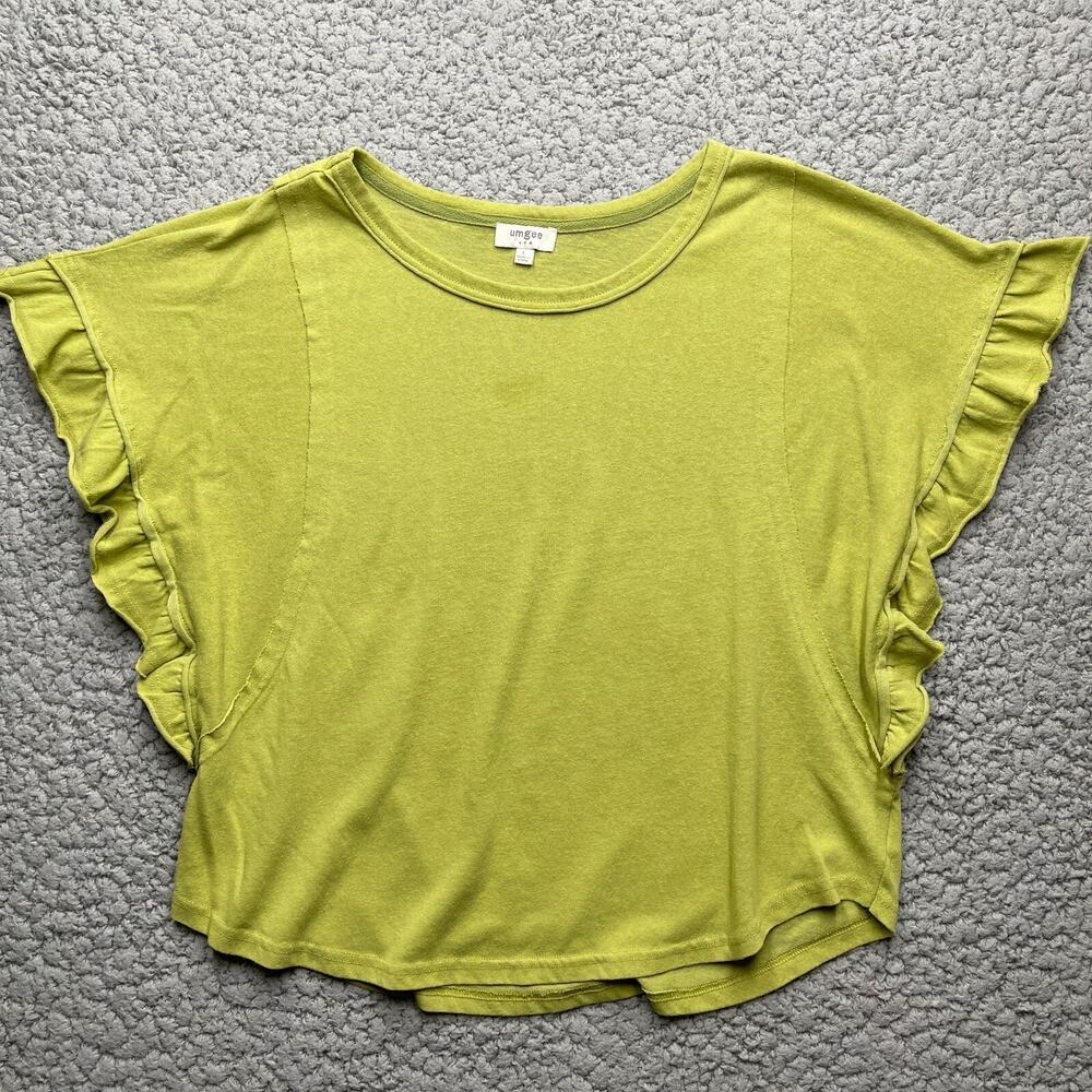 Umgee Batwing Blouse Womens Large Green Ruffle Peasant Lagenlook